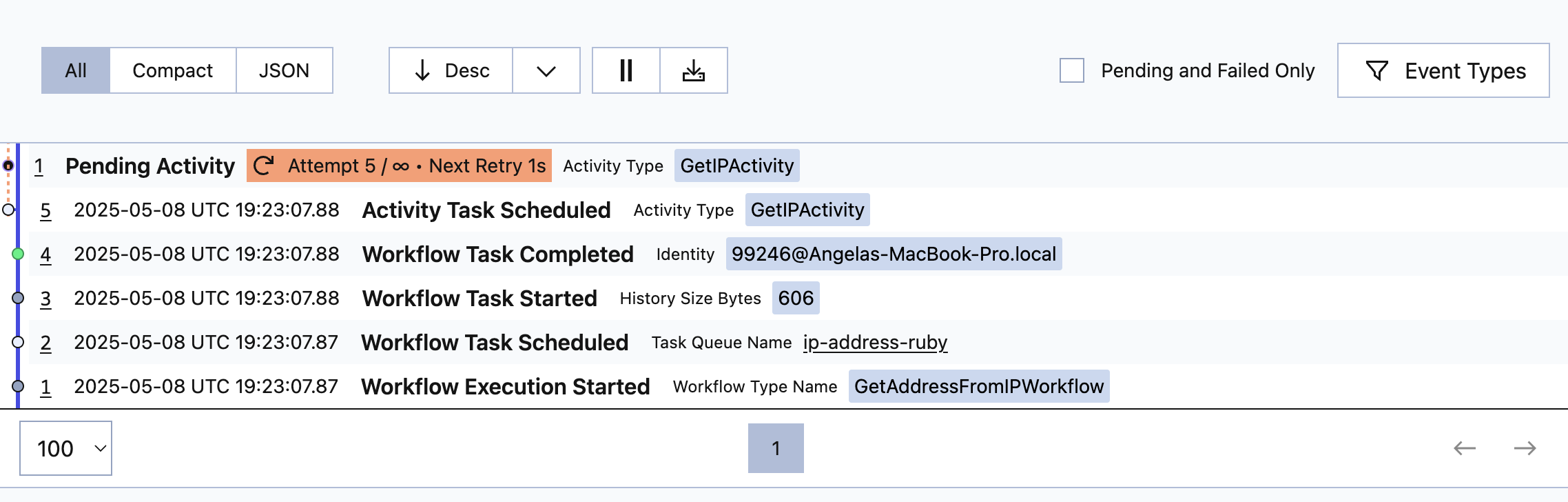 The Event History shows the failed Activity